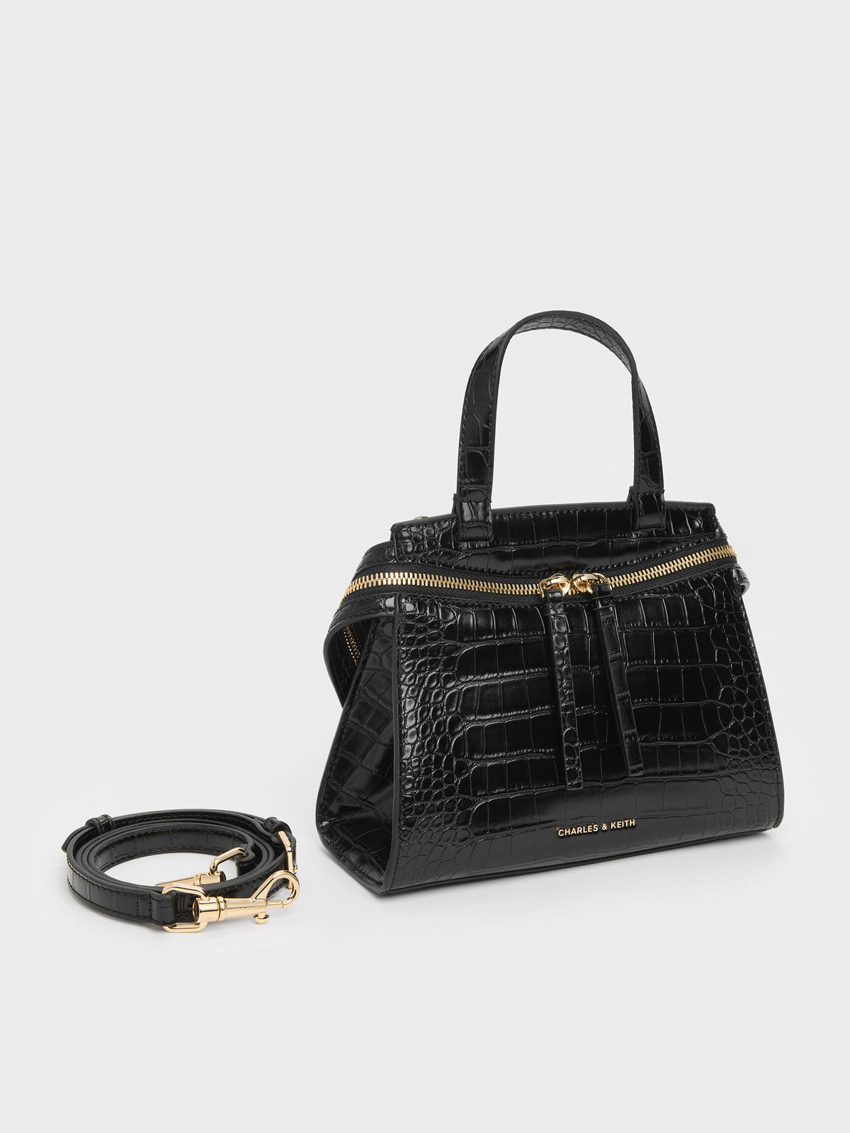 CHARLES & KEITH Essential / Pansy Trapeze Croc-Effect Top Handle Bag - Black