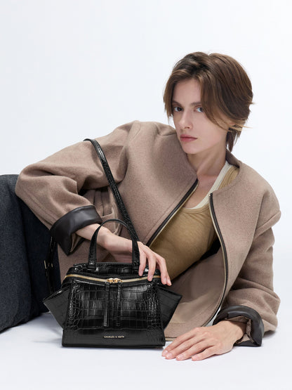 CHARLES & KEITH Essential / Pansy Trapeze Croc-Effect Top Handle Bag - Black