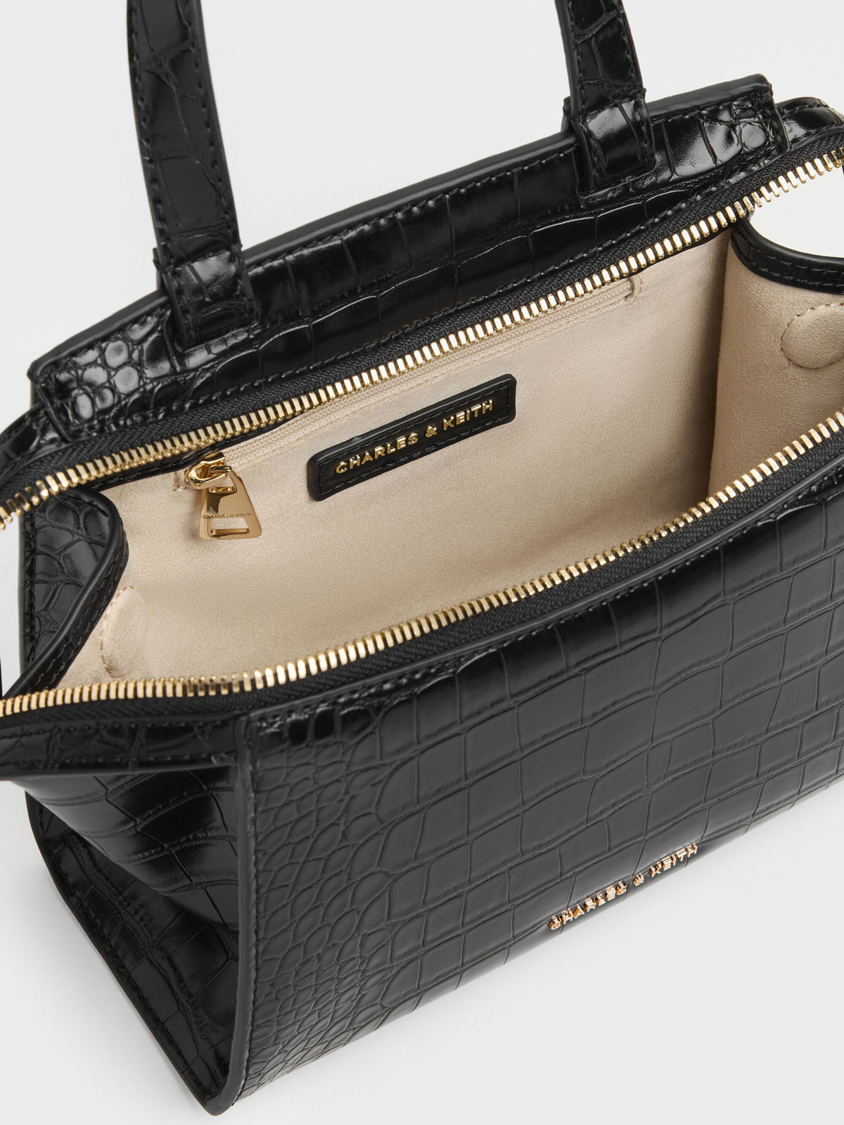 CHARLES & KEITH Essential / Pansy Trapeze Croc-Effect Top Handle Bag - Black