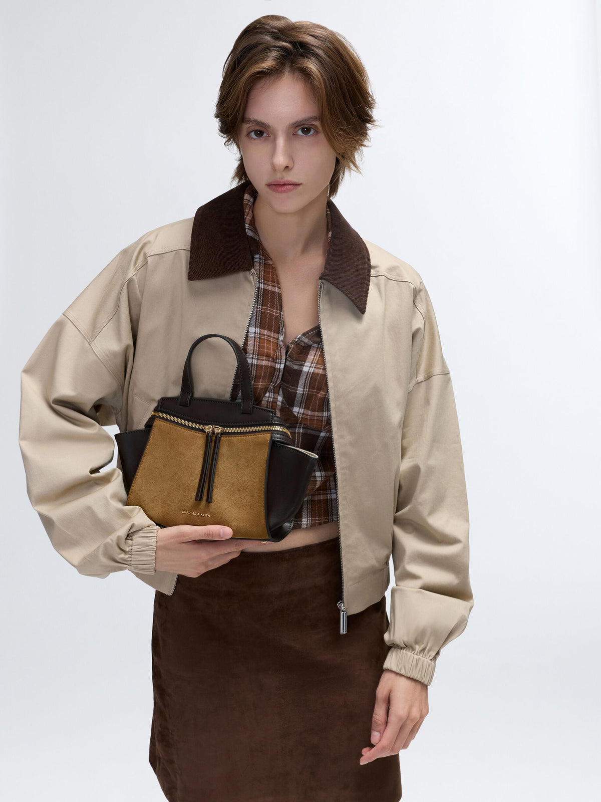 CHARLES & KEITH Great Value / Pansy Two-Tone Trapeze Top Handle Bag - Sahara Sand
