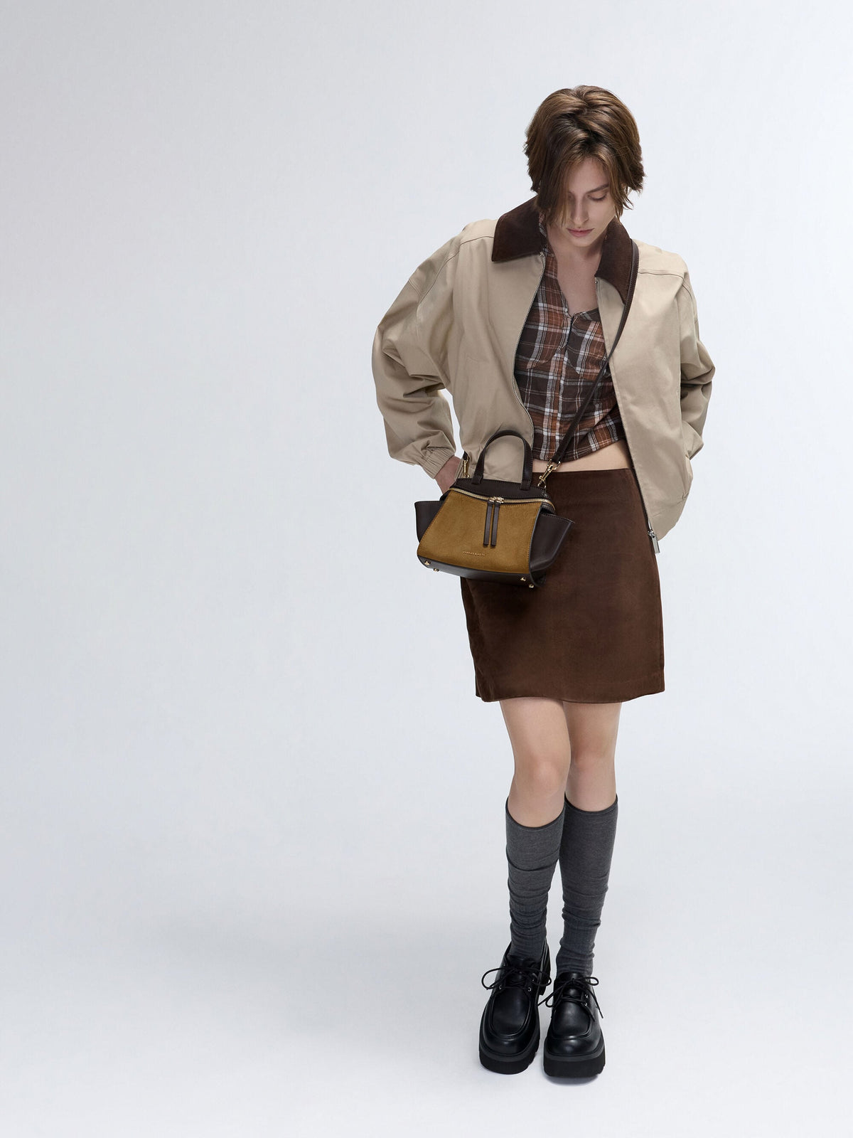CHARLES & KEITH Great Value / Pansy Two-Tone Trapeze Top Handle Bag - Sahara Sand