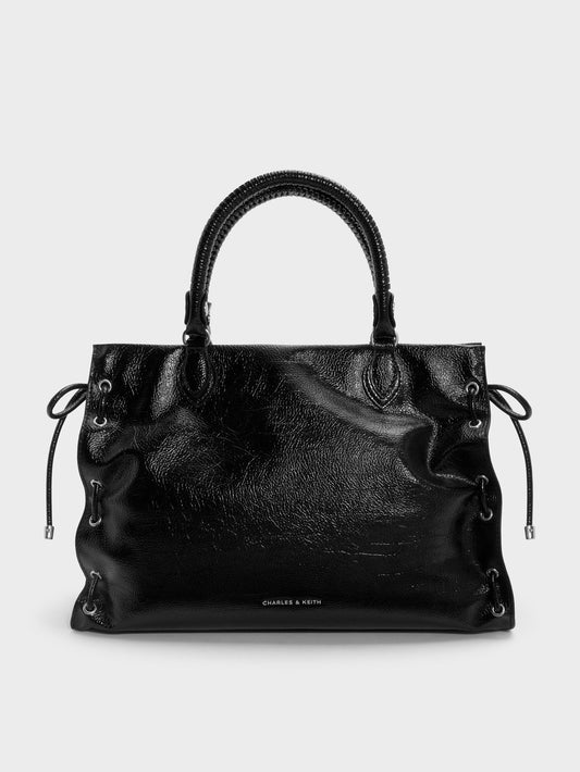 CHARLES & KEITH Special Offer / Large Nylah Grommet Lace-Up Tote Bag - Noir