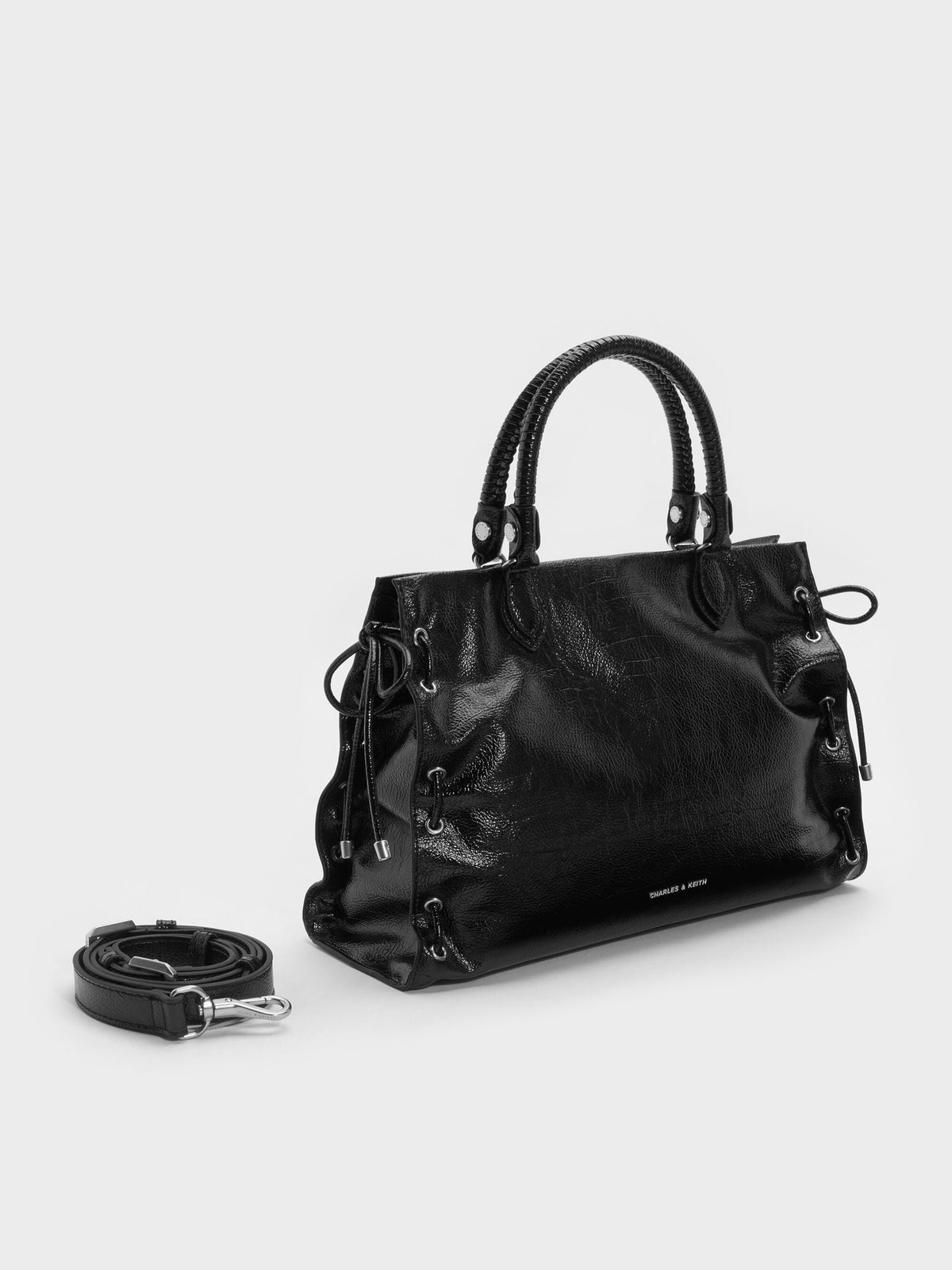 CHARLES & KEITH Special Offer / Large Nylah Grommet Lace-Up Tote Bag - Noir