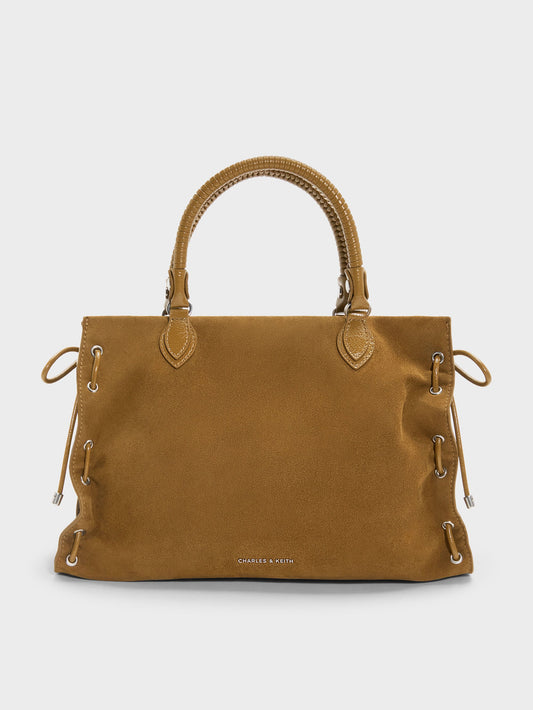 CHARLES & KEITH Classic / Large Nylah Grommet Lace-Up Tote Bag - Sahara Sand