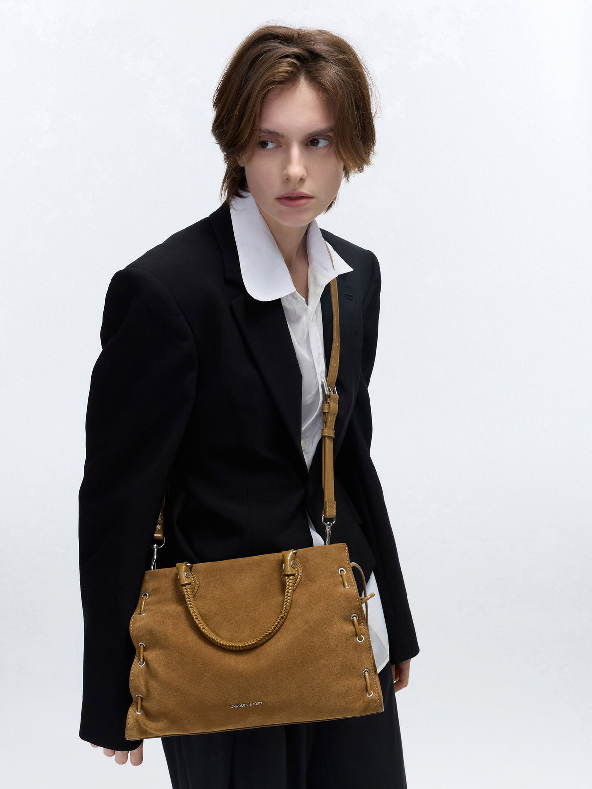CHARLES & KEITH Classic / Large Nylah Grommet Lace-Up Tote Bag - Sahara Sand