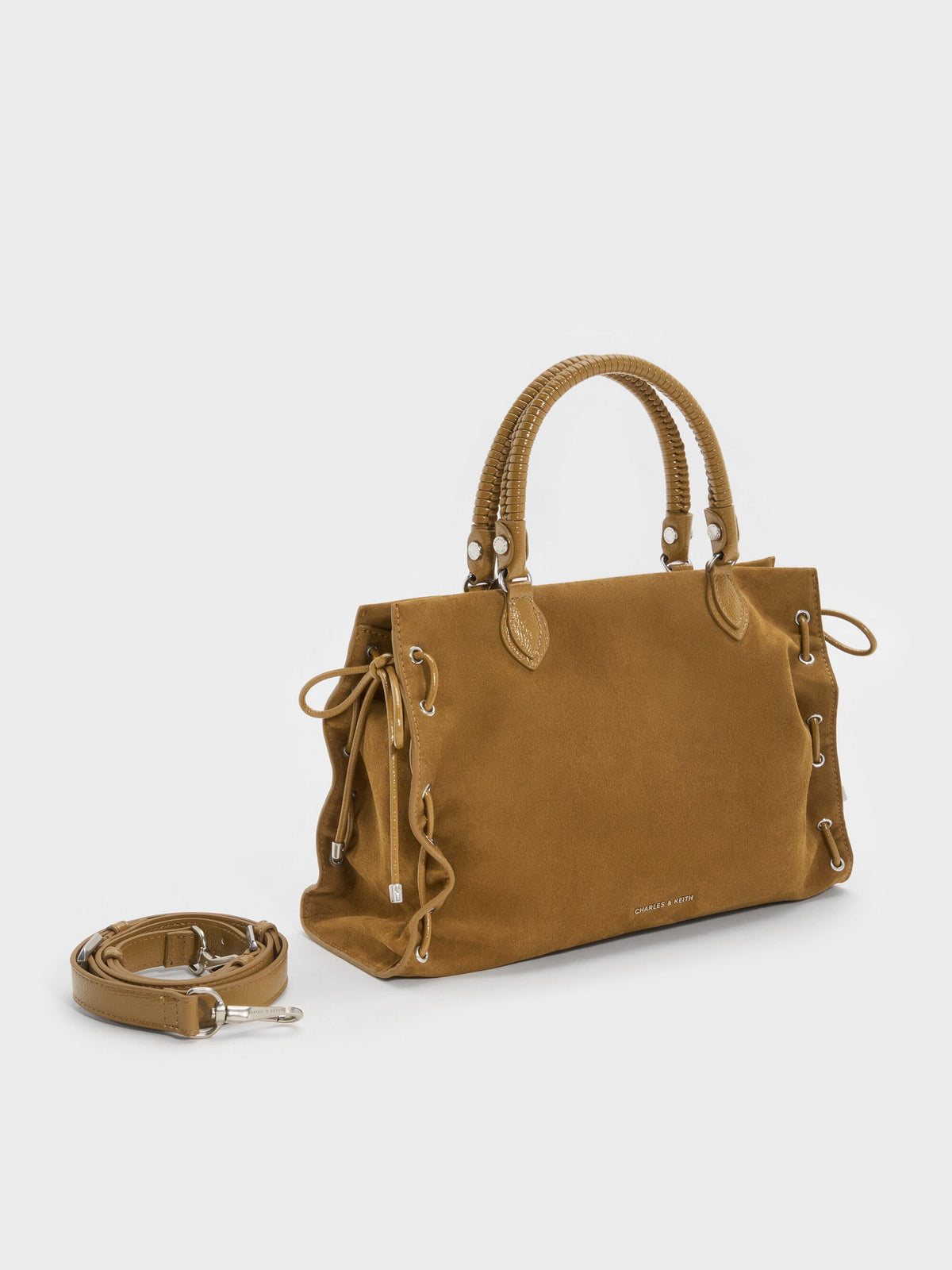 CHARLES & KEITH Classic / Large Nylah Grommet Lace-Up Tote Bag - Sahara Sand