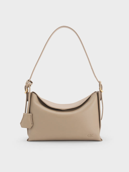 CHARLES & KEITH Essential / Leather Top-Flap Hobo Bag - Taupe