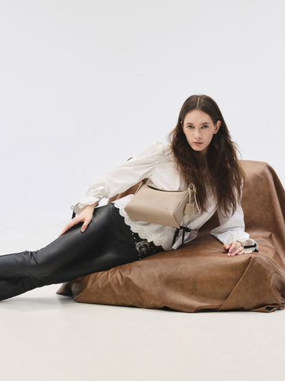 CHARLES & KEITH Essential / Leather Top-Flap Hobo Bag - Taupe