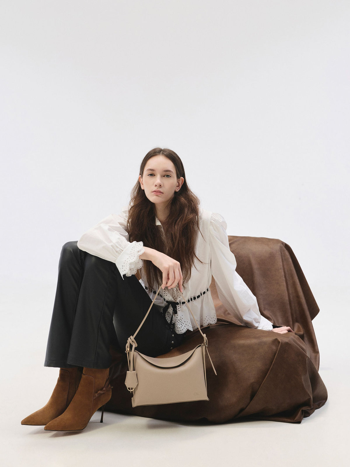 CHARLES & KEITH Essential / Leather Top-Flap Hobo Bag - Taupe