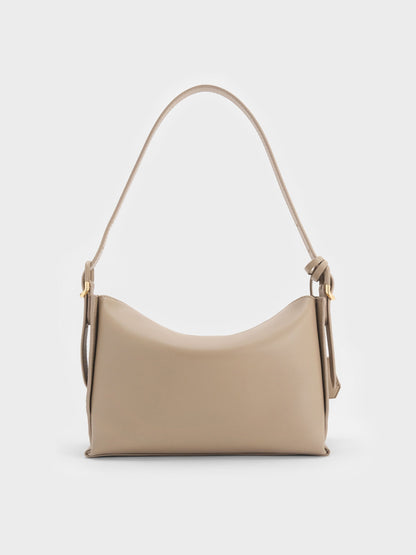CHARLES & KEITH Essential / Leather Top-Flap Hobo Bag - Taupe