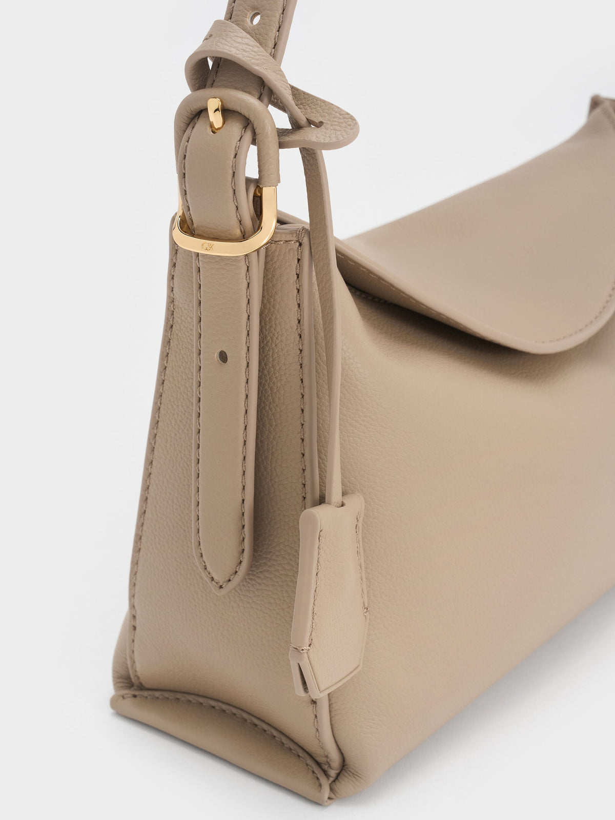 CHARLES & KEITH Essential / Leather Top-Flap Hobo Bag - Taupe
