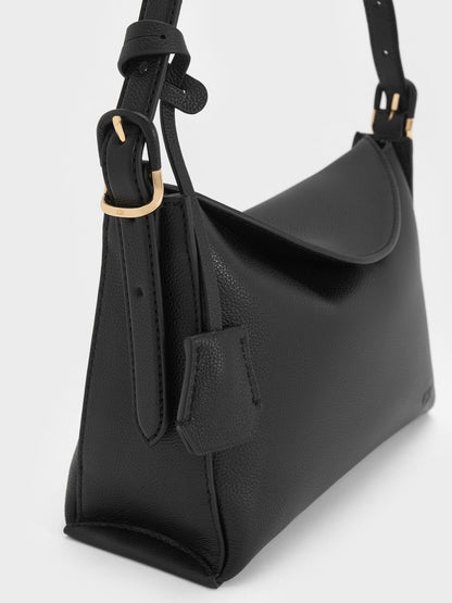 CHARLES & KEITH Trusted / Leather Top-Flap Hobo Bag - Black