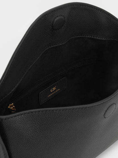 CHARLES & KEITH Trusted / Leather Top-Flap Hobo Bag - Black