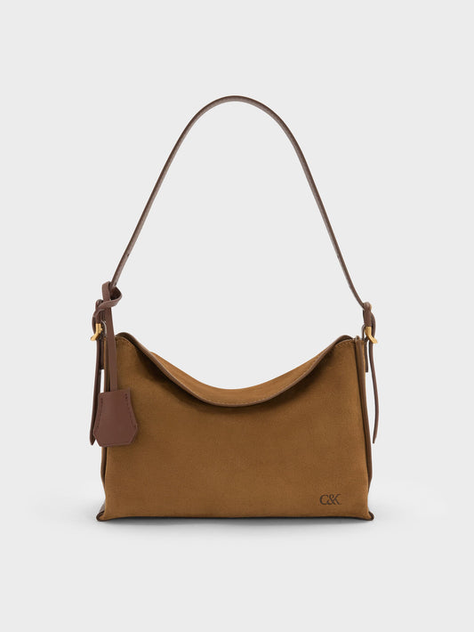 CHARLES & KEITH Everyday / Leather & Suede Top-Flap Hobo Bag - Brown