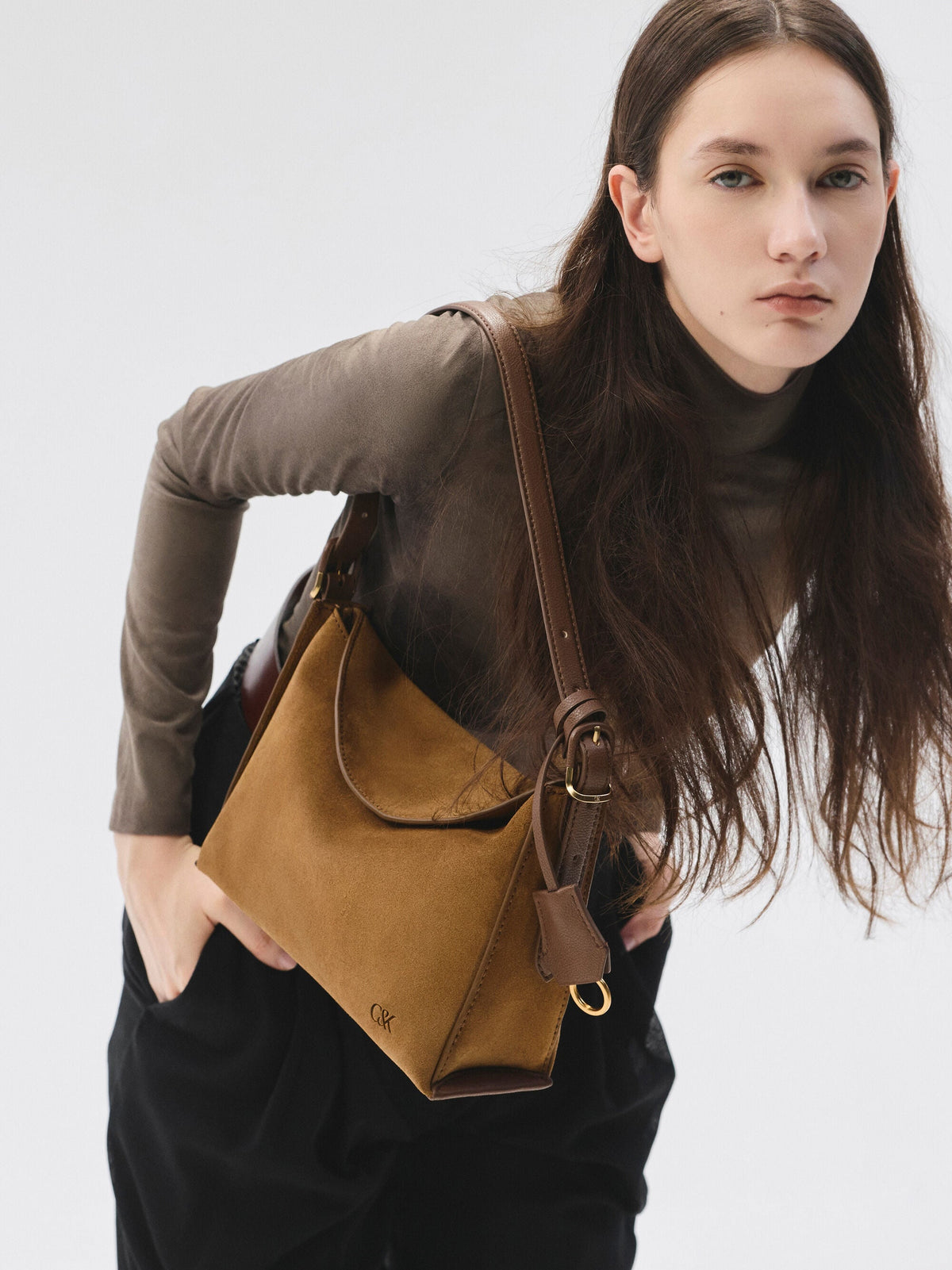 CHARLES & KEITH Everyday / Leather & Suede Top-Flap Hobo Bag - Brown