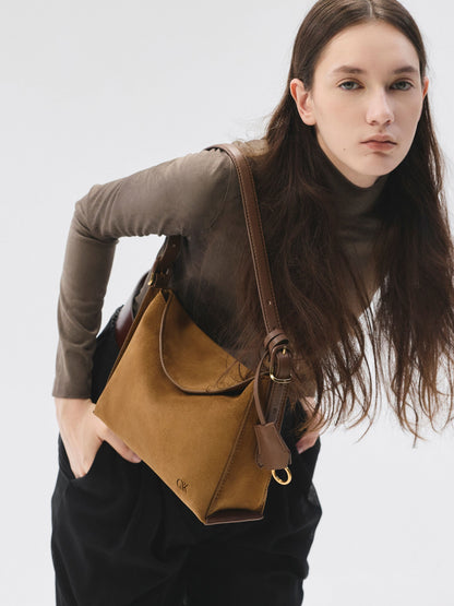 CHARLES & KEITH Everyday / Leather & Suede Top-Flap Hobo Bag - Brown