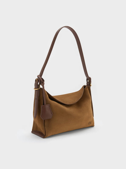 CHARLES & KEITH Everyday / Leather & Suede Top-Flap Hobo Bag - Brown