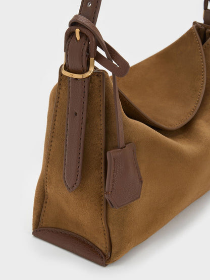 CHARLES & KEITH Everyday / Leather & Suede Top-Flap Hobo Bag - Brown