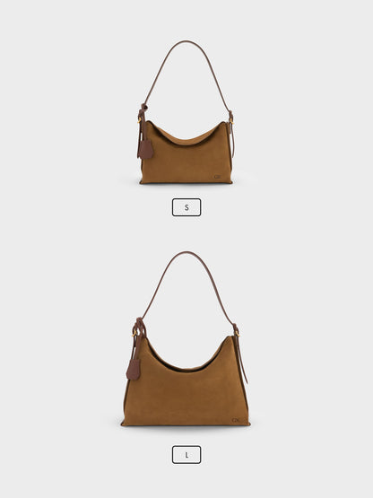 CHARLES & KEITH Everyday / Leather & Suede Top-Flap Hobo Bag - Brown