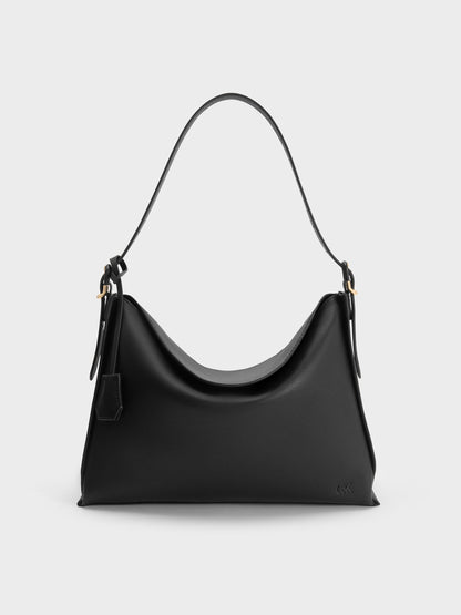 CHARLES & KEITH Best Seller / Large Leather Top-Flap Hobo Bag - Black