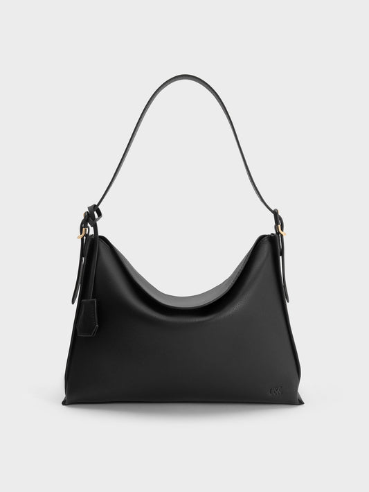 CHARLES & KEITH Best Seller / Large Leather Top-Flap Hobo Bag - Black