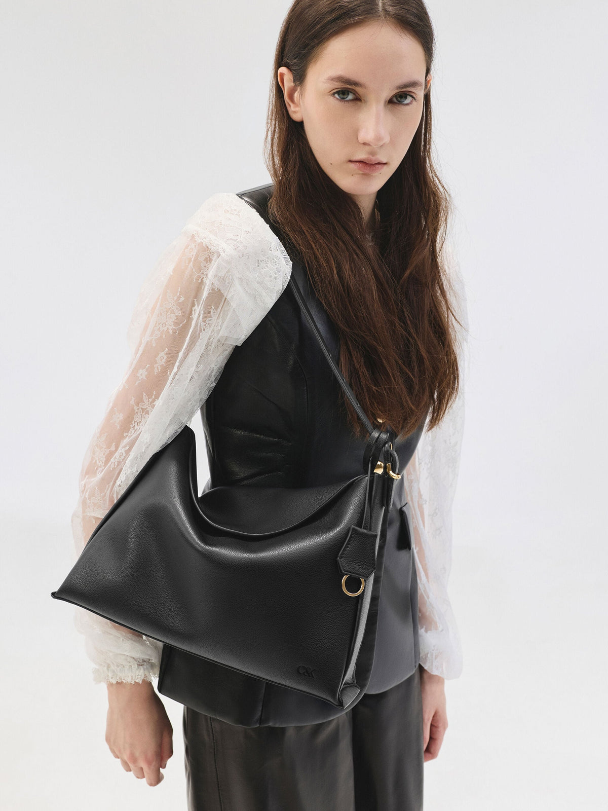 CHARLES & KEITH Best Seller / Large Leather Top-Flap Hobo Bag - Black