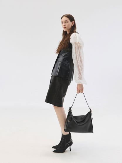 CHARLES & KEITH Best Seller / Large Leather Top-Flap Hobo Bag - Black