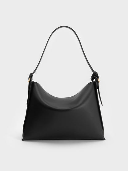 CHARLES & KEITH Best Seller / Large Leather Top-Flap Hobo Bag - Black
