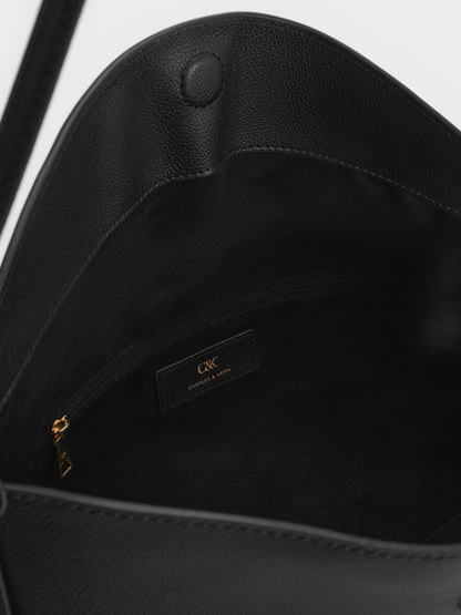 CHARLES & KEITH Best Seller / Large Leather Top-Flap Hobo Bag - Black