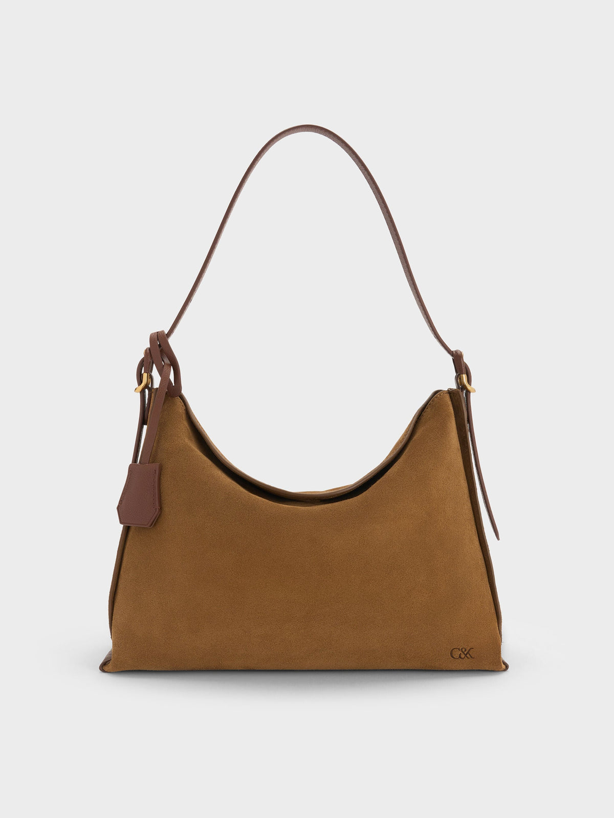 CHARLES & KEITH Sale / Large Leather & Suede Top-Flap Hobo Bag - Brown