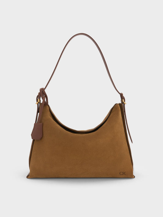 CHARLES & KEITH Sale / Large Leather & Suede Top-Flap Hobo Bag - Brown