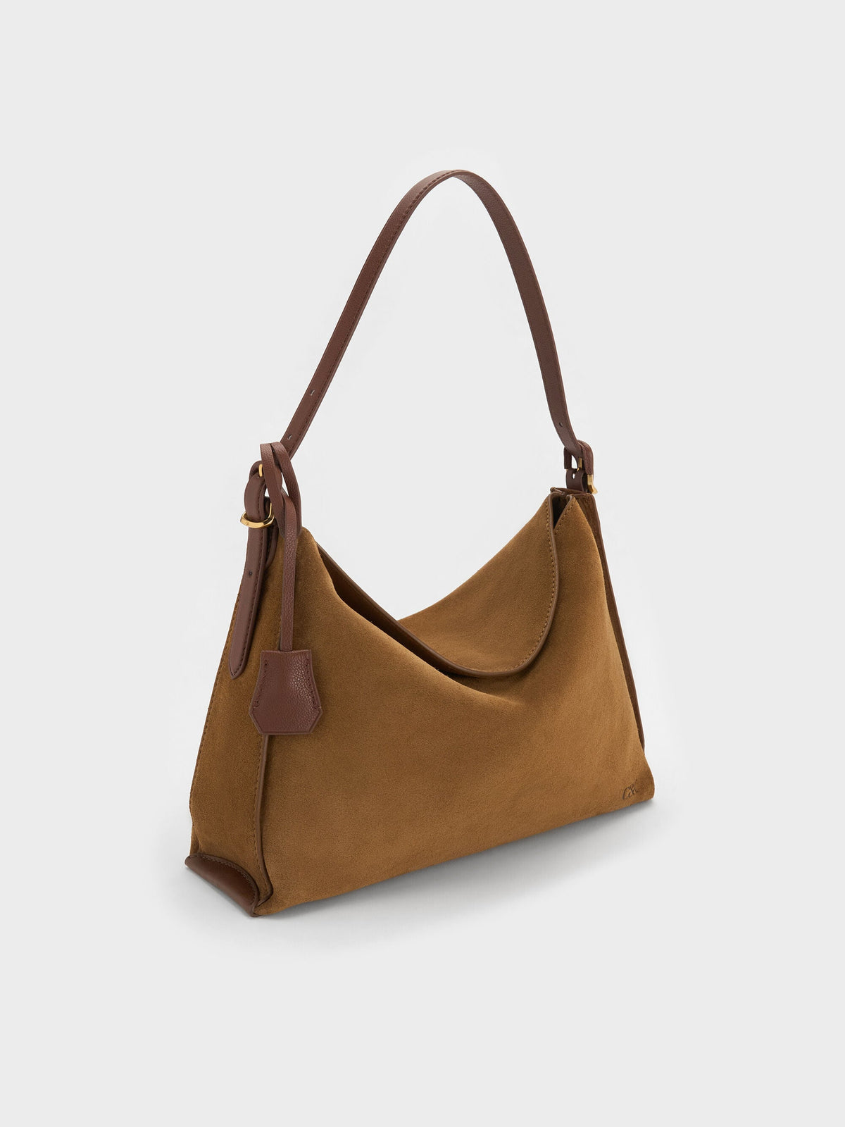 CHARLES & KEITH Sale / Large Leather & Suede Top-Flap Hobo Bag - Brown