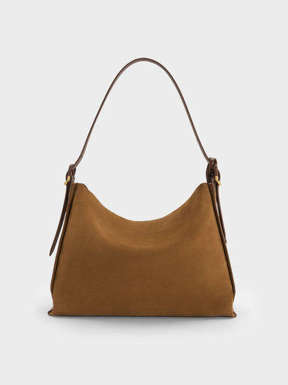 CHARLES & KEITH Sale / Large Leather & Suede Top-Flap Hobo Bag - Brown