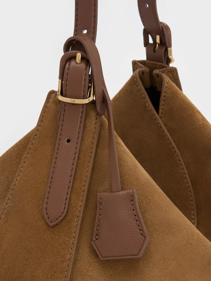 CHARLES & KEITH Sale / Large Leather & Suede Top-Flap Hobo Bag - Brown