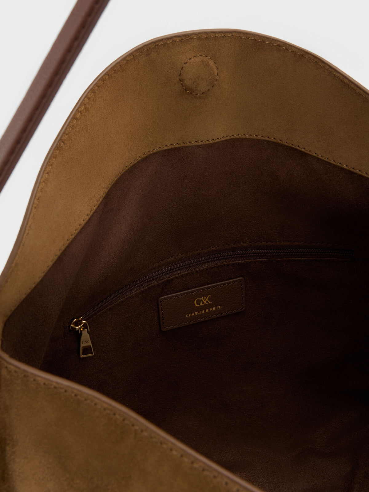 CHARLES & KEITH Sale / Large Leather & Suede Top-Flap Hobo Bag - Brown