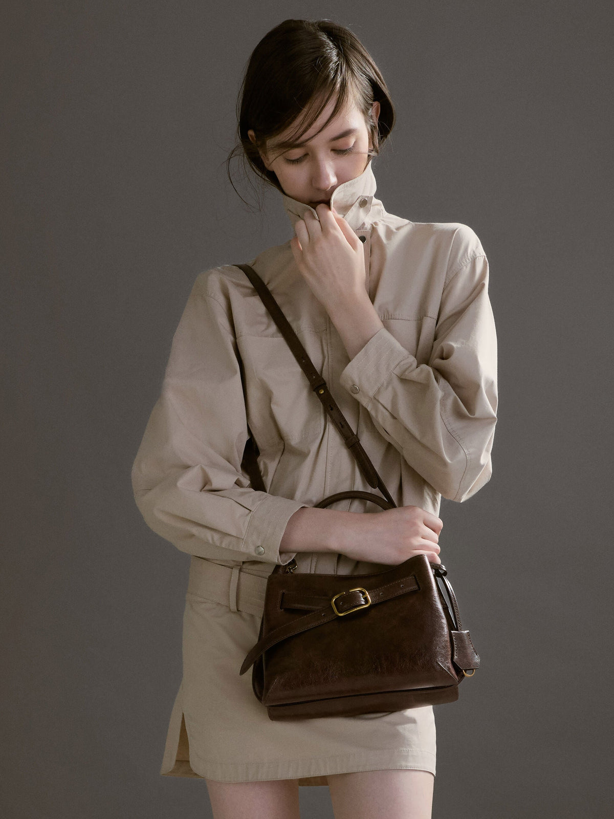 CHARLES & KEITH Latest / Victoria Belted Top Handle Bag - Distressed Coffee