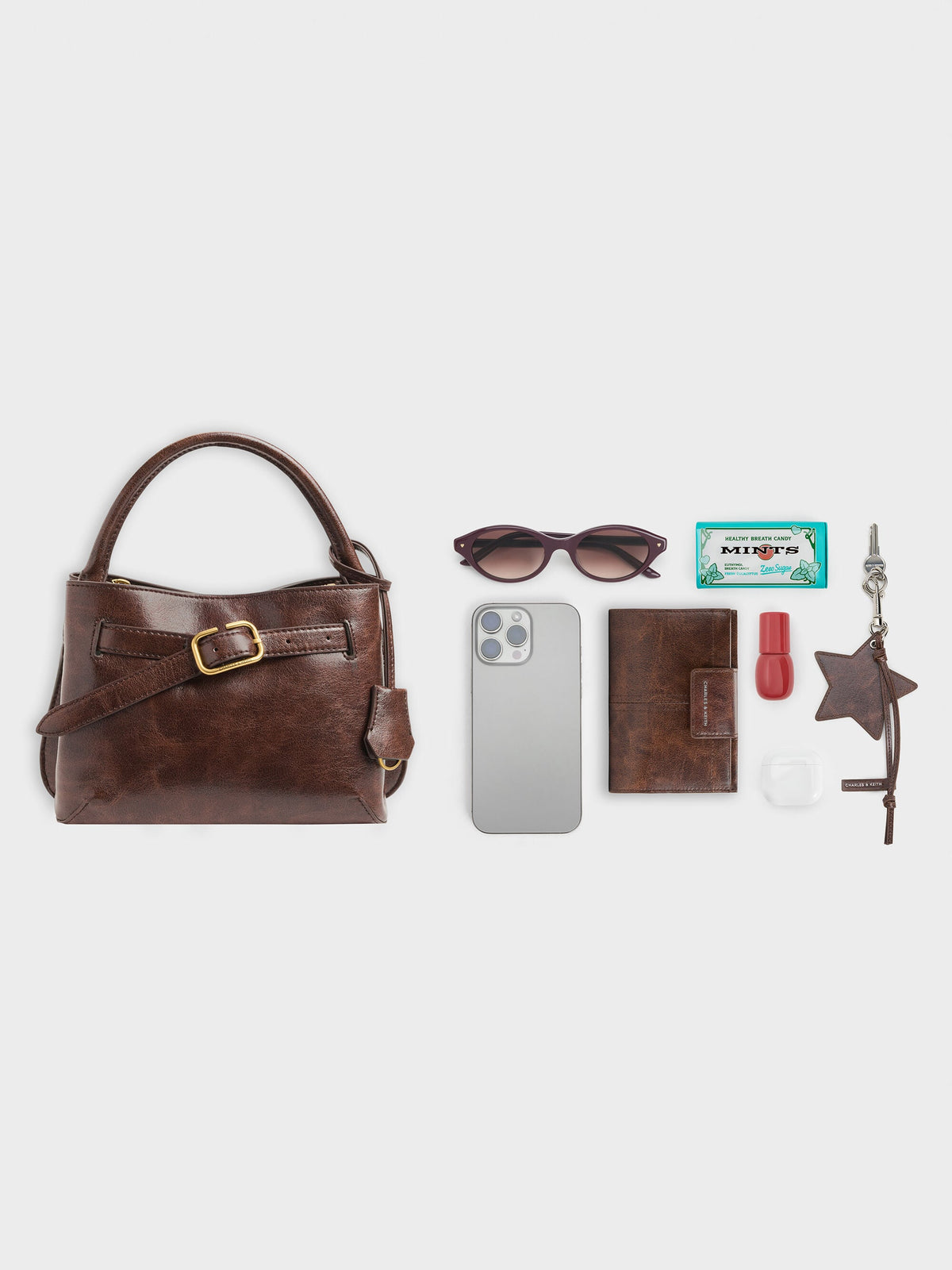 CHARLES & KEITH Latest / Victoria Belted Top Handle Bag - Distressed Coffee