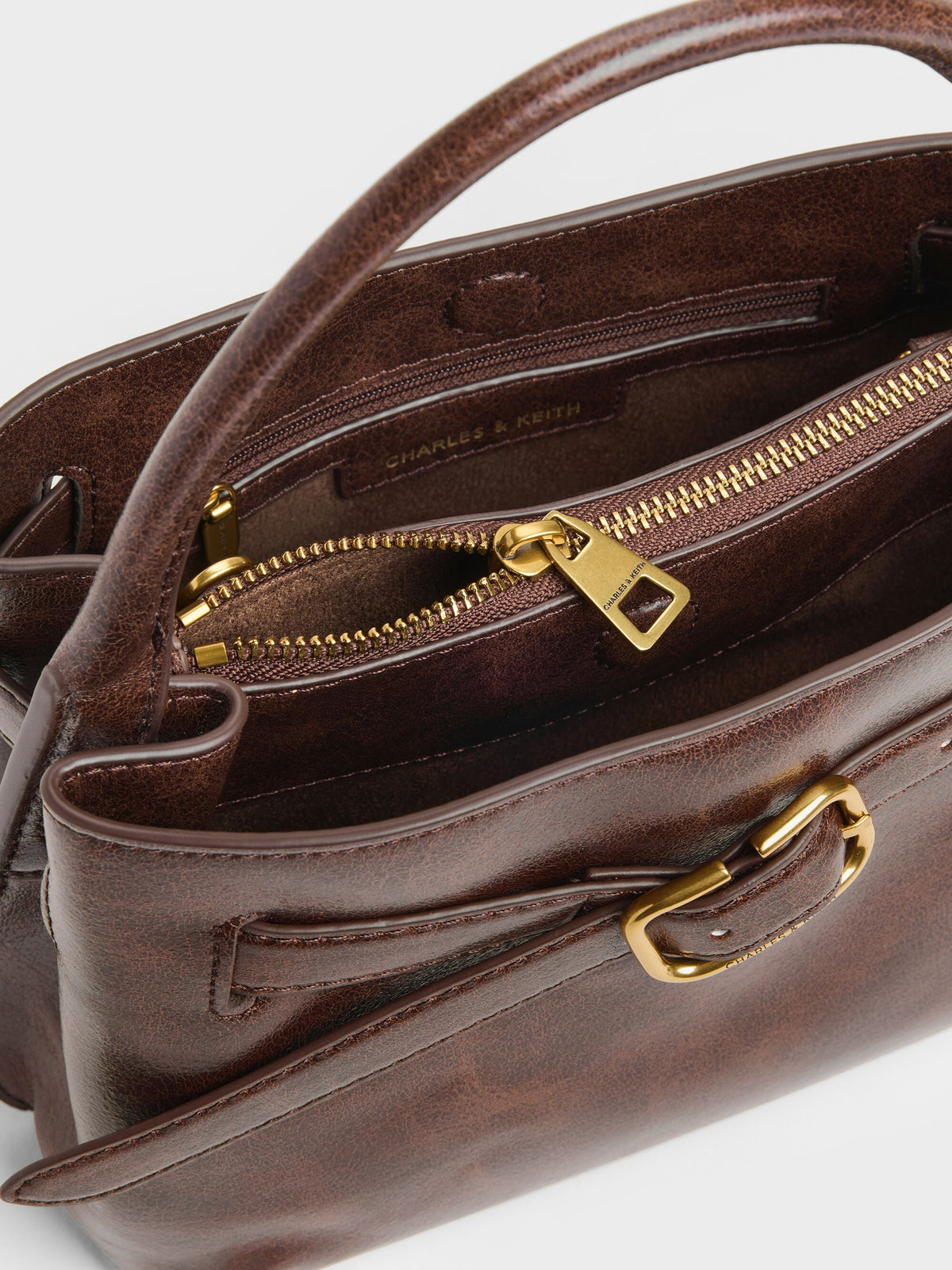 CHARLES & KEITH Latest / Victoria Belted Top Handle Bag - Distressed Coffee