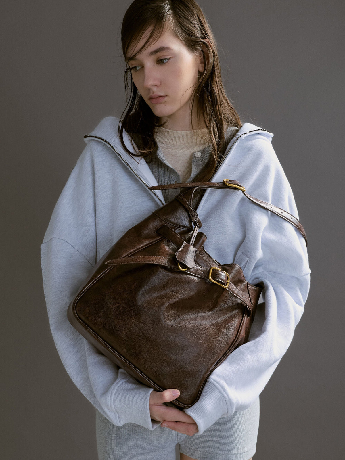 CHARLES & KEITH Popular / Victoria Belted Hobo Bag - Distressed Coffee