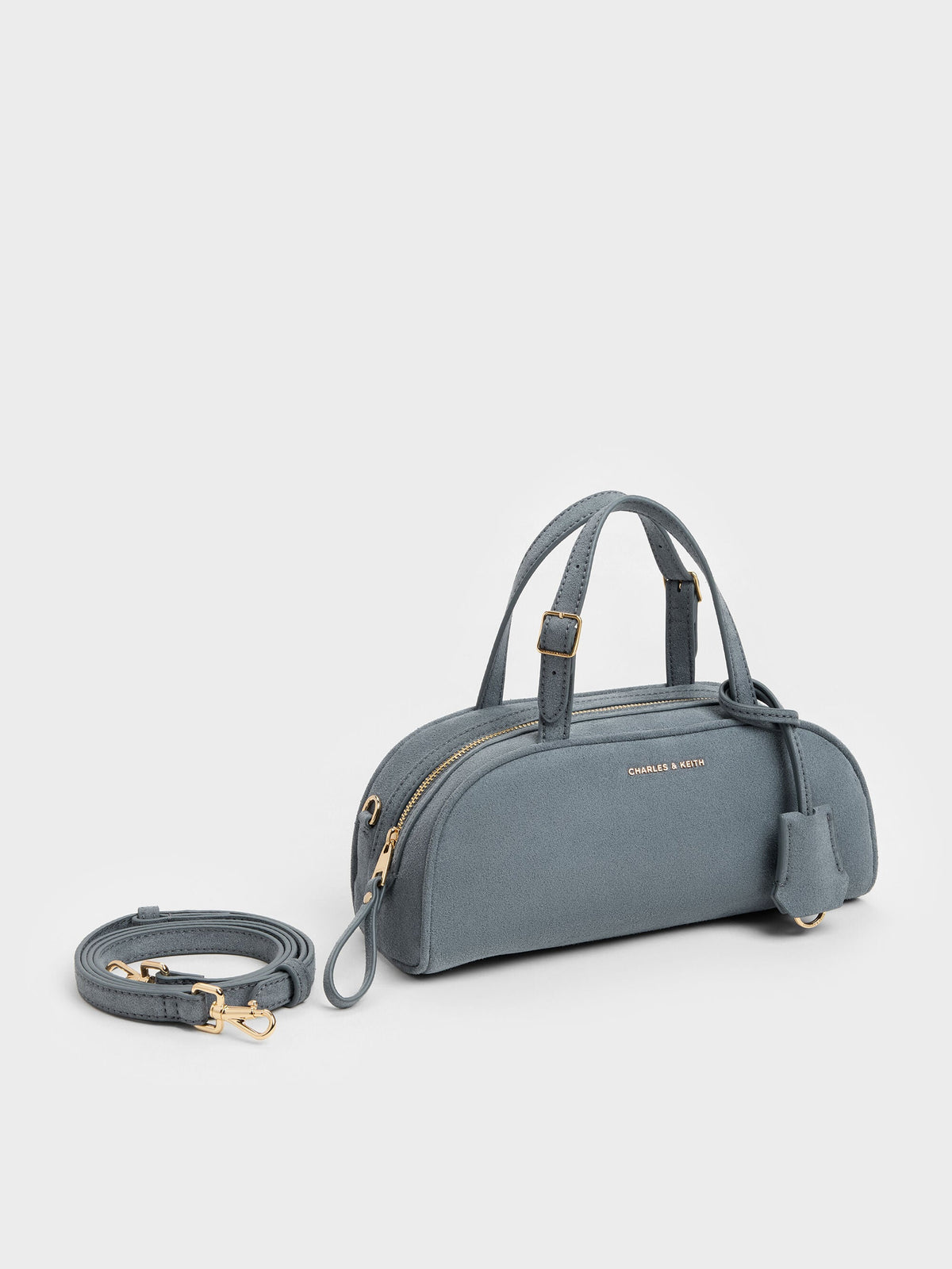 CHARLES & KEITH Classic / Vega Faux Suede Elongated Bowling Bag - Smoky Blue