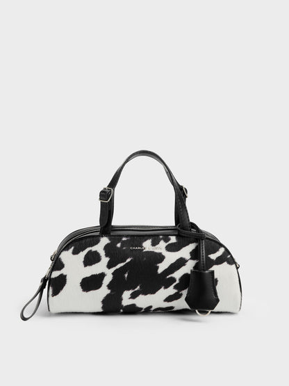 CHARLES & KEITH Smart Buy / Vega Furry Cow-Print Elongated Bowling Bag - Multi