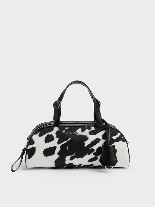 CHARLES & KEITH Smart Buy / Vega Furry Cow-Print Elongated Bowling Bag - Multi