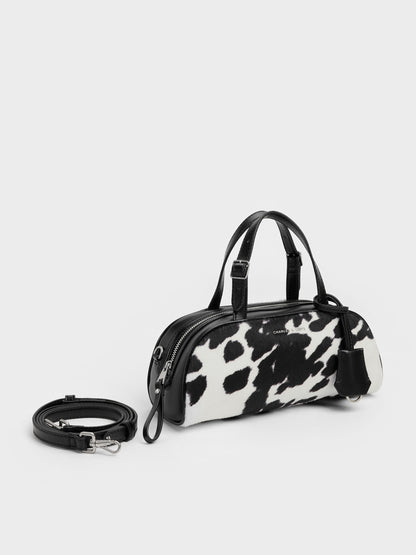 CHARLES & KEITH Smart Buy / Vega Furry Cow-Print Elongated Bowling Bag - Multi