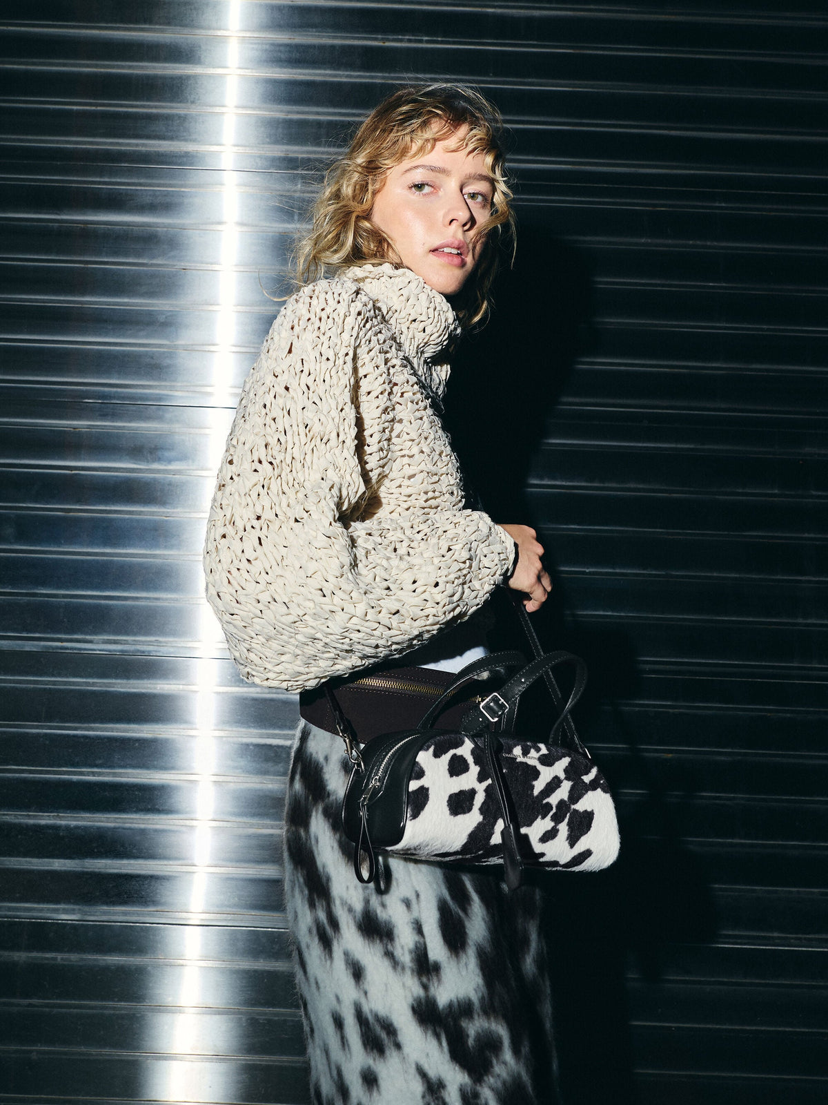 CHARLES & KEITH Smart Buy / Vega Furry Cow-Print Elongated Bowling Bag - Multi