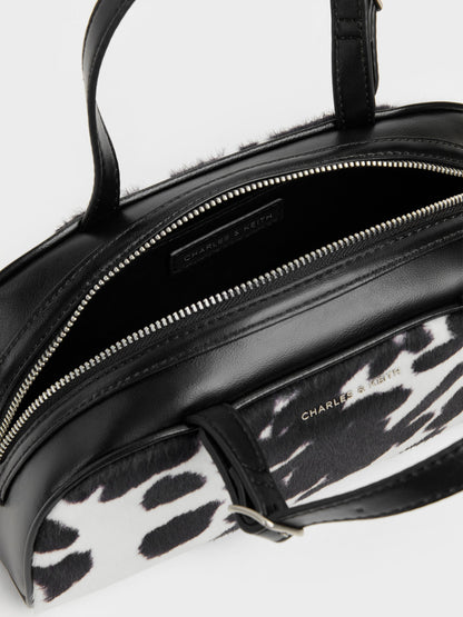 CHARLES & KEITH Smart Buy / Vega Furry Cow-Print Elongated Bowling Bag - Multi