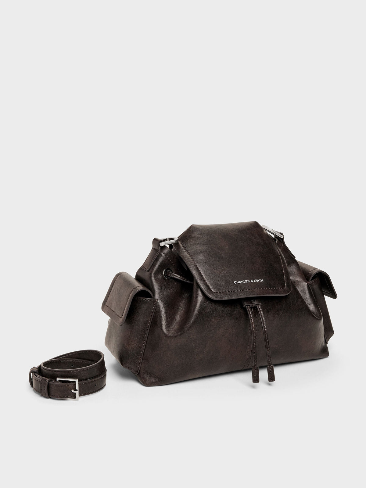 CHARLES & KEITH Value / Noane Side-Pocket Two-Way Bucket Bag - Dark Brown