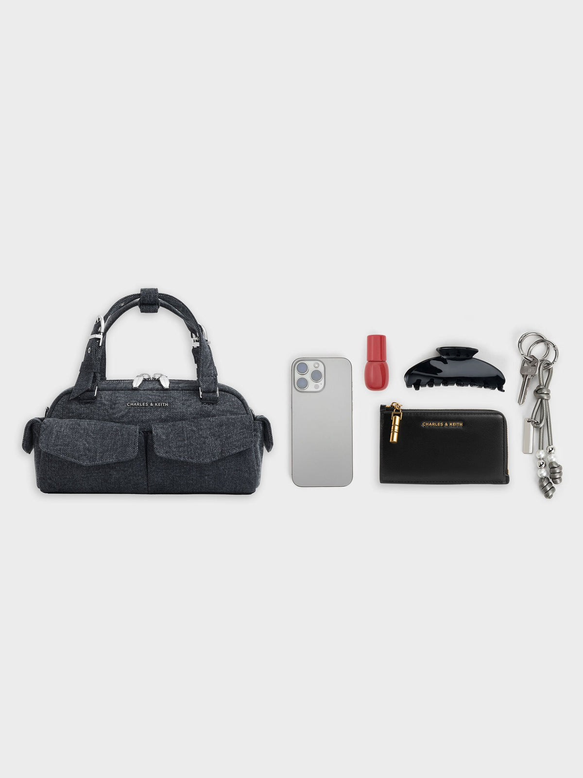 CHARLES & KEITH Trusted / Rachel Denim Multi-Pocket Bowling Bag - Denim Blue