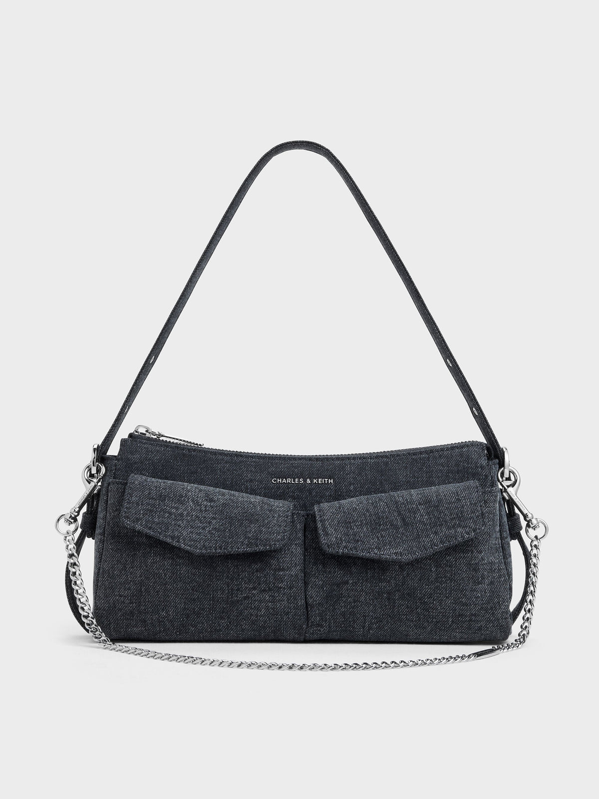 CHARLES & KEITH Featured / Rachel Denim Front-Pocket Chain Shoulder Bag - Denim Blue