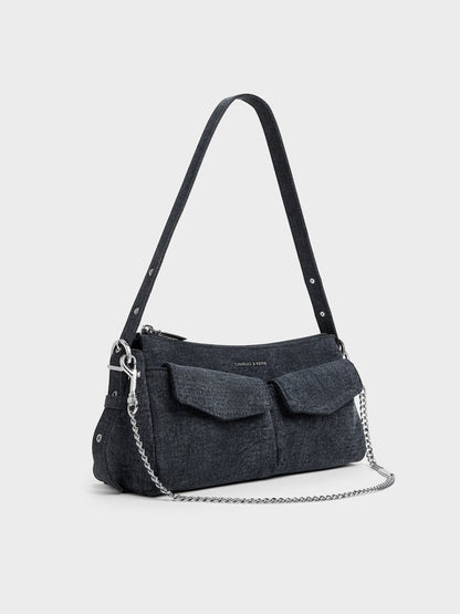 CHARLES & KEITH Featured / Rachel Denim Front-Pocket Chain Shoulder Bag - Denim Blue