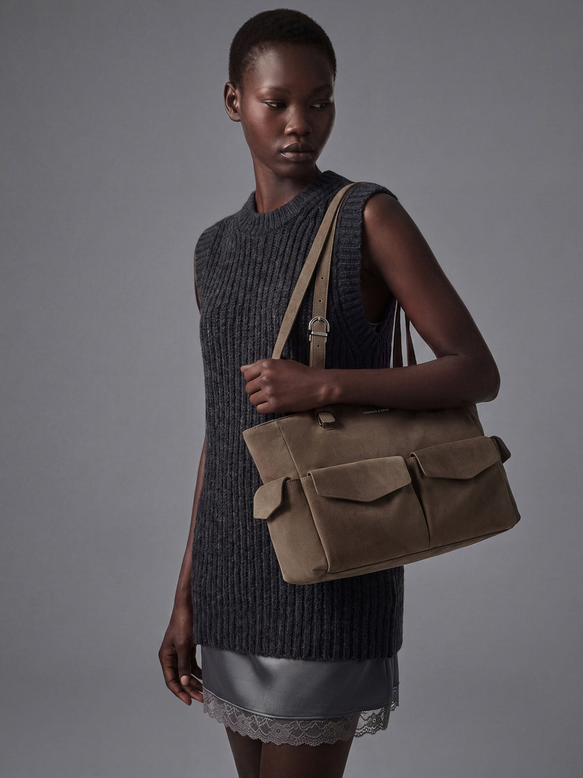 CHARLES & KEITH Trusted / Rachel Multi-Pocket Tote Bag - Stone Grey